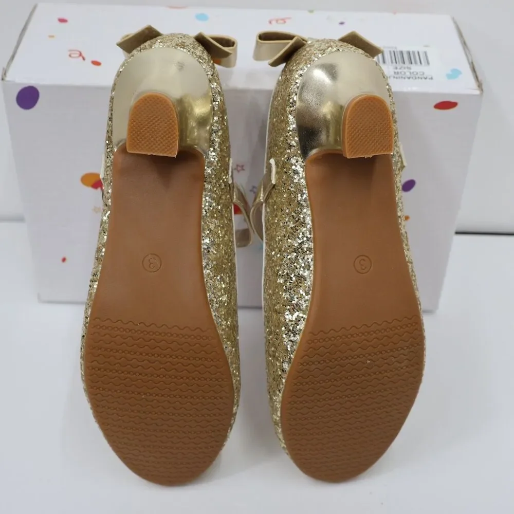 PANDANINJIA Girls Heels, Dress Shoes for Girls, Mary Jane Gold, Sequin SIZE 3